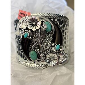 Blue Silver-Tone Howlite Flower and Leaf Cuff Bangle